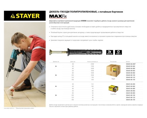Дюбель-гвоздь 6x40 мм, потайной бортик, 125 шт STAYER 30645-06-040