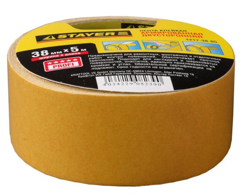 Двухсторонняя клейкая лента 38 мм, 5 м, на тканевой основе STAYER 1217-38-05