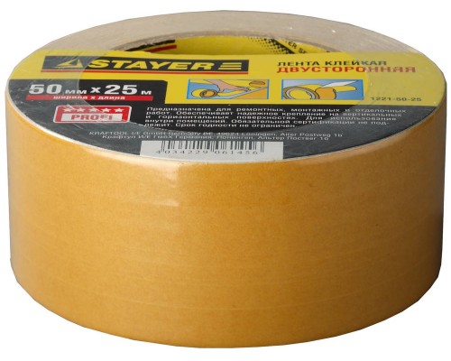 Двухсторонняя клейкая лента 50 мм, 25 м, на полипропиленовой основе STAYER 1221-50-25
