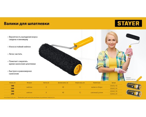 Ролик для шпатлевки PUTTY 80 мм, 240 мм, 8 мм ручка STAYER 02642-24