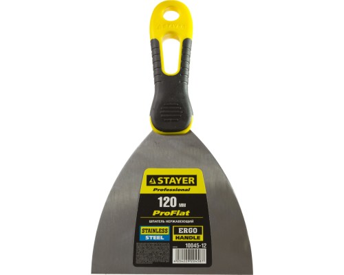 Нержавеющий шпатель PROFlat, 120 мм, х-образное профилированное полотно, облегченная двухкомпонентная ручка STAYER 10045-12