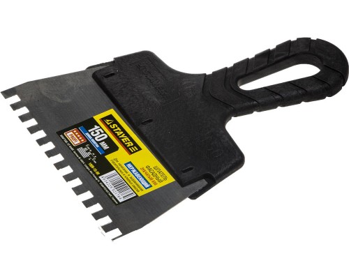 Нержавеющий фасадный шпатель PROFlat, 150 мм, зуб 6x6 мм, пластиковая ручка, зубчатый STAYER 1009-15-06