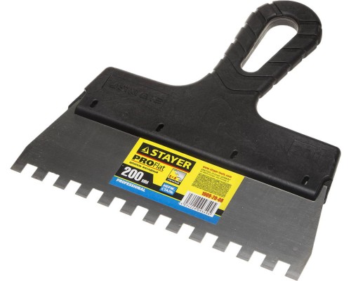 Нержавеющий фасадный шпатель PROFlat, 200 мм, зуб 8x8 мм, пластиковая ручка, зубчатый STAYER 1009-20-08