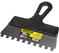Нержавеющий фасадный шпатель PROFlat, 200 мм, зуб 10x10 мм, пластиковая ручка, зубчатый STAYER 1009-20-10