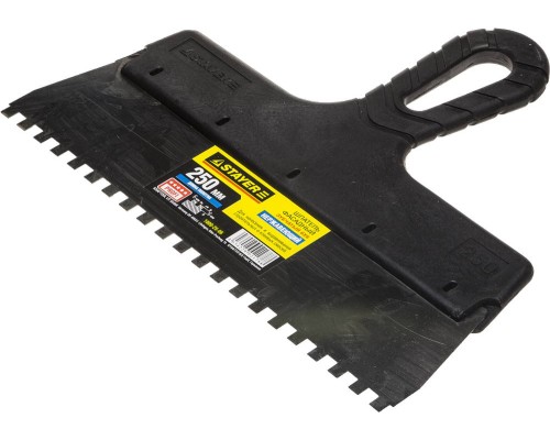 Нержавеющий фасадный шпатель PROFlat, 250 мм, зуб 6x6 мм, пластиковая ручка, зубчатый STAYER 1009-25-06