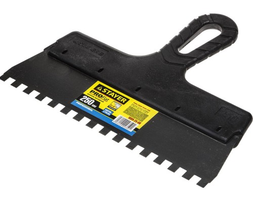Нержавеющий фасадный шпатель PROFlat, 250 мм, зуб 8x8 мм, пластиковая ручка, зубчатый STAYER 1009-25-08