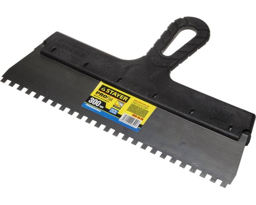 Нержавеющий фасадный шпатель PROFlat, 300 мм, зуб 6x6 мм, пластиковая ручка, зубчатый STAYER 1009-30-06