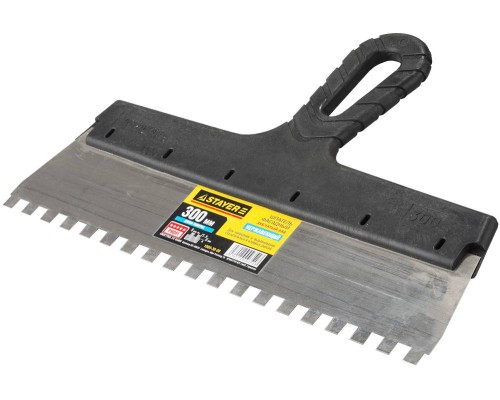 Нержавеющий фасадный шпатель PROFlat, 300 мм, зуб 8x8 мм, пластиковая ручка, зубчатый STAYER 1009-30-08