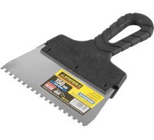 Нержавеющий фасадный шпатель PROFlat, 150 мм, зуб 4x4 мм, пластиковая ручка, зубчатый STAYER 1009-15-04