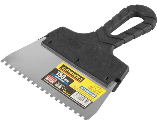 Нержавеющий фасадный шпатель PROFlat, 150 мм, зуб 4x4 мм, пластиковая ручка, зубчатый STAYER 1009-15-04