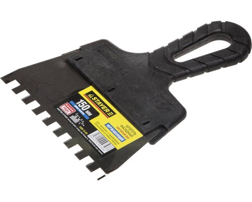 Нержавеющий фасадный шпатель PROFlat, 150 мм, зуб 8x8 мм, пластиковая ручка, зубчатый STAYER 1009-15-08