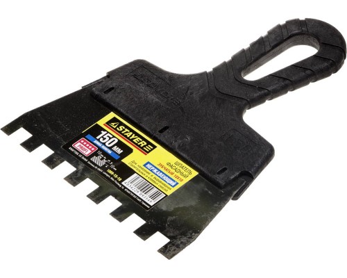 Нержавеющий фасадный шпатель PROFlat, 150 мм, зуб 10x10 мм, пластиковая ручка, зубчатый STAYER 1009-15-10