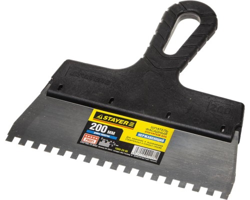 Нержавеющий фасадный шпатель PROFlat, 200 мм, зуб 6x6 мм, пластиковая ручка, зубчатый STAYER 1009-20-06