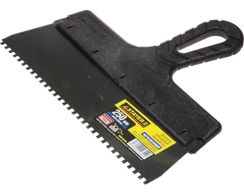 Нержавеющий фасадный шпатель PROFlat, 250 мм, зуб 4x4 мм, пластиковая ручка, зубчатый STAYER 1009-25-04