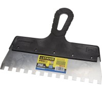 Нержавеющий фасадный шпатель PROFlat, 250 мм, зуб 10x10 мм, пластиковая ручка, зубчатый STAYER 1009-25-10