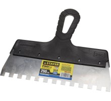 Нержавеющий фасадный шпатель PROFlat, 250 мм, зуб 10x10 мм, пластиковая ручка, зубчатый STAYER 1009-25-10
