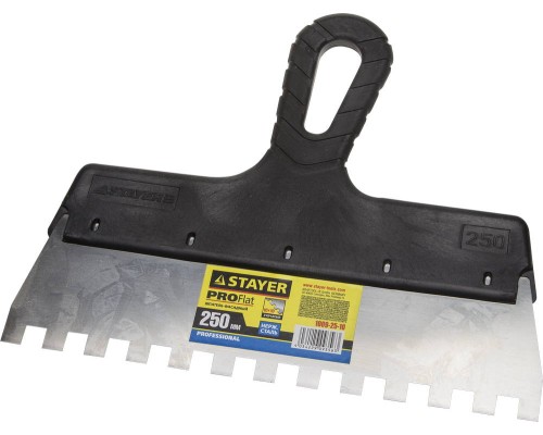 Нержавеющий фасадный шпатель PROFlat, 250 мм, зуб 10x10 мм, пластиковая ручка, зубчатый STAYER 1009-25-10