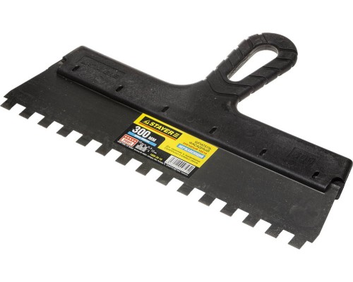 Нержавеющий фасадный шпатель PROFlat, 300 мм, зуб 10x10 мм, пластиковая ручка, зубчатый STAYER 1009-30-10