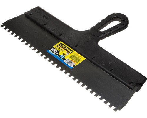 Нержавеющий фасадный шпатель PROFlat, 350 мм, зуб 6x6 мм, пластиковая ручка, зубчатый STAYER 1009-35-06