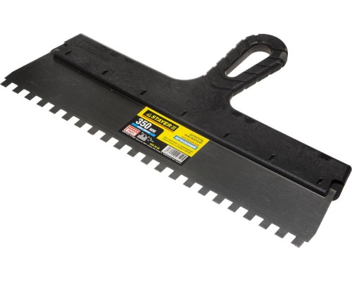 Нержавеющий фасадный шпатель PROFlat, 350 мм, зуб 8x8 мм, пластиковая ручка, зубчатый STAYER 1009-35-08