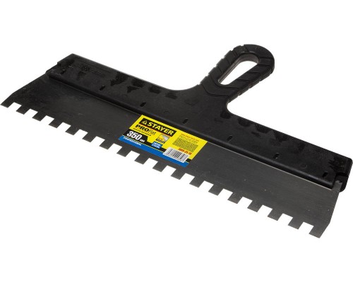 Нержавеющий фасадный шпатель PROFlat, 350 мм, зуб 10x10 мм, пластиковая ручка, зубчатый STAYER 1009-35-10