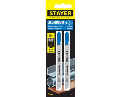 Полотна для лобзика T127D, T-хвост., HSS сталь, по мягкому металлу толщиной 2-15 мм, шаг зуба 3 мм (8TPI), раб. длина 75 мм, 2 шт STAYER 159952-3_z02