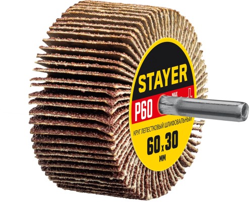 Круг шлифовальный лепестковый d 60x30 мм, P60, на шпильке d 6 мм STAYER 36608-060