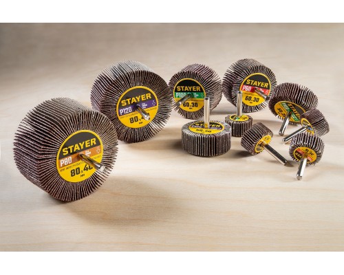 Круг шлифовальный лепестковый d 60x30 мм, P120, на шпильке d 6 мм STAYER 36608-120