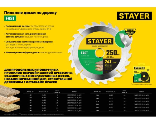 Пильный диск по дереву Fast, 180x30/20 мм, 20Т, быстрый рез STAYER 3680-180-30-20_z01