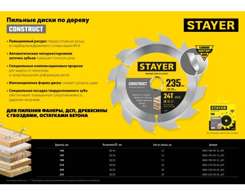 Пильный диск по дереву Construct, 165x20/16 мм, 12Т, технический рез STAYER 3683-165-20-12_z01