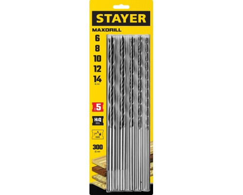 Набор сверл спиральных по дереву Maxdrill, 5 шт: 6-8-10-12-14x300 мм STAYER 2943-300-H5_z01