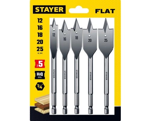 Набор перовых сверл по дереву Flat, 5 шт: 12-16-18-20-25 мм STAYER 2950-H5