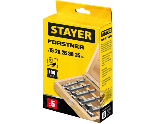 Набор сверл Форстнера по дереву/ДСП Forstner, 5 шт: 15-20-25-30-35 мм STAYER 29985-H5_z01