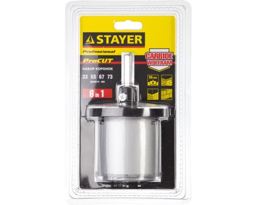 Набор кольцевых коронок 6 шт, 33, 53, 67, 73 мм, карбид вольфрама STAYER 33345-H6