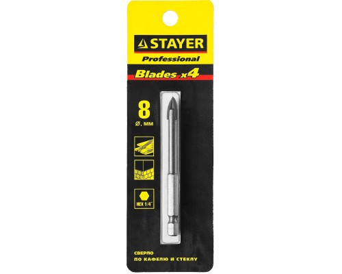 Сверло по стеклу и кафелю 8 мм, 4х кромка, HEX 1/4 STAYER 2985-08_z01