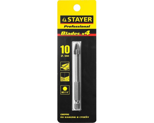 Сверло по стеклу и кафелю 10 мм, 4х кромка, HEX 1/4 STAYER 2985-10_z01