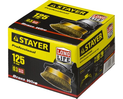 Чашечная щетка-крацовка для УШМ 125 мм, витая стальная латунированная проволока 0.3 мм STAYER 35125-125