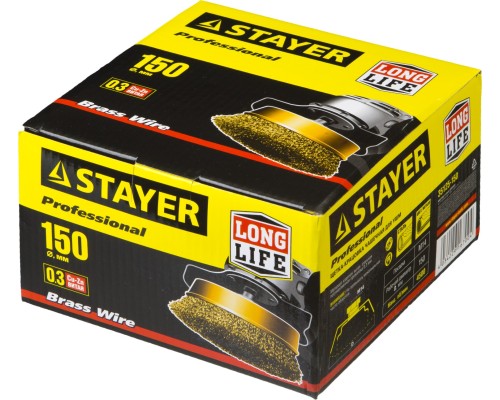 Чашечная щетка-крацовка для УШМ 150 мм, витая стальная латунированная проволока 0.3 мм STAYER 35125-150