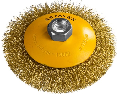 Коническая щетка-крацовка для УШМ 115 мм, витая стальная латунированная проволока 0.3 мм STAYER 35133-115