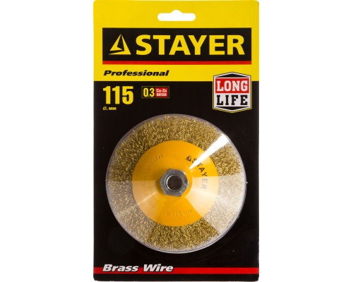 Коническая щетка-крацовка для УШМ 115 мм, витая стальная латунированная проволока 0.3 мм STAYER 35133-115