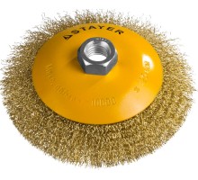 Коническая щетка-крацовка для УШМ 125 мм, витая стальная латунированная проволока 0.3 мм STAYER 35133-125