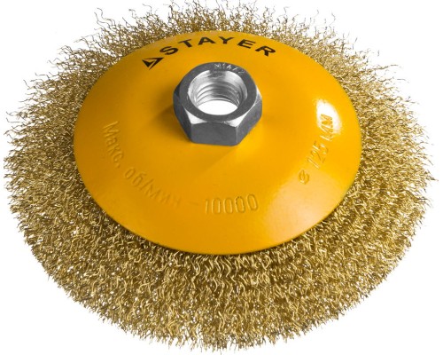 Коническая щетка-крацовка для УШМ 125 мм, витая стальная латунированная проволока 0.3 мм STAYER 35133-125