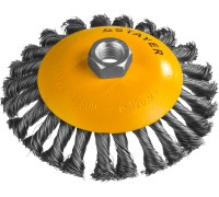 Коническая щетка-крацовка для УШМ 125 мм, жгутированная стальная проволока 0.5 мм STAYER 35135-125