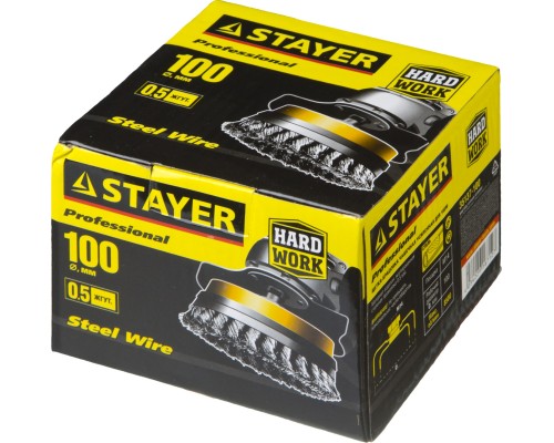 Чашечная щетка-крацовка для УШМ 100 мм, жгутированная стальная проволока 0.5 мм STAYER 35137-100