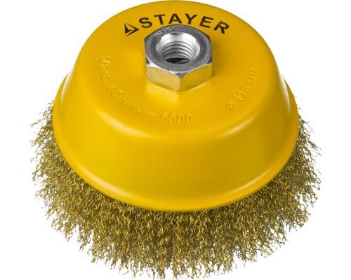 Чашечная щетка-крацовка для УШМ 125 мм, витая стальная латунированная проволока 0.3 мм STAYER 35125-125