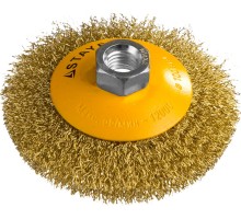 Коническая щетка-крацовка для УШМ 100 мм, витая стальная латунированная проволока 0.3 мм STAYER 35133-100