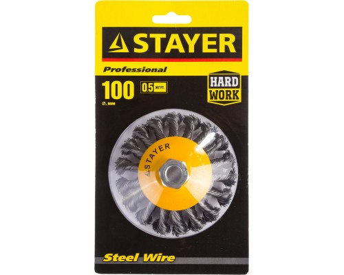 Коническая щетка-крацовка для УШМ 100 мм, жгутированная стальная проволока 0.5 мм STAYER 35135-100
