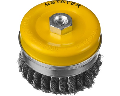 Чашечная щетка-крацовка для УШМ 100 мм, жгутированная стальная проволока 0.5 мм STAYER 35137-100