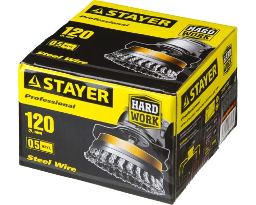 Чашечная щетка-крацовка для УШМ 120 мм, жгутированная стальная проволока 0.5 мм STAYER 35137-120