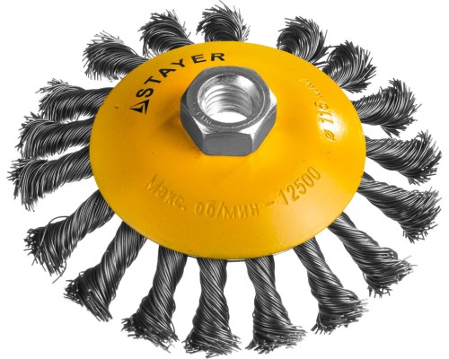 Коническая щетка-крацовка для УШМ 115 мм, жгутированная стальная проволока 0.5 мм STAYER 35135-115